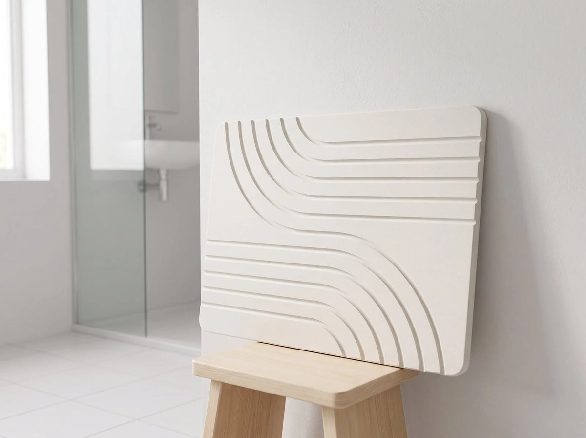 Vitaxe stone mat propped upright against a wall to air-dry