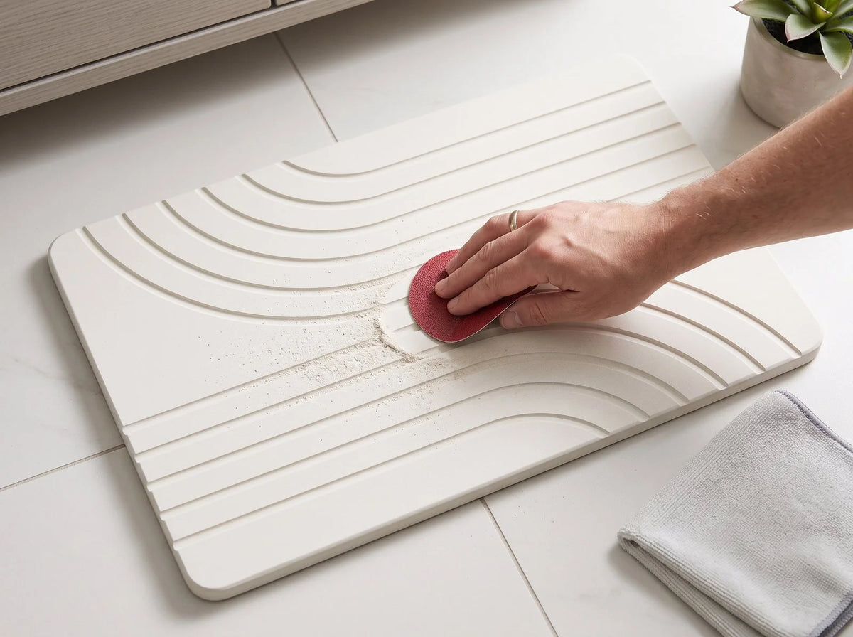 Buffing the Vitaxe stone mat surface with the included sanding tool